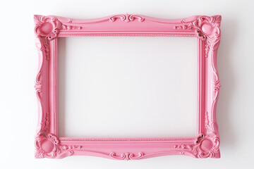 Empty classic vintage frame painted in pink on white background with shadows. Frame for picture in art gallery, mockup for advertisement message or inscription. Luxurious vintage. Retro decor, mock up