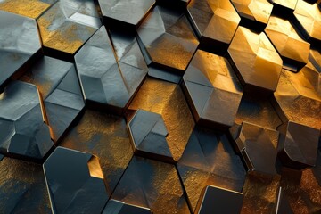 Luxurious digital geometric technology hexagon background banner illustration 3d - Glowing gold, brown, gray, and black hexagonal 3d shape texture wall, AI-generated