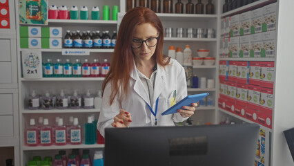 Redheaded woman pharmacist using tablet in drugstore amidst various medication.