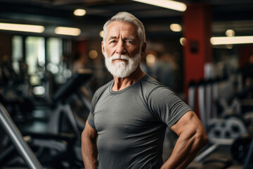 Fototapeta premium A fit senior man with a white beard and gray hair stands confidently in a gym, wearing a tight gray shirt. The gym setting emphasizes his dedication to fitness and a healthy lifestyle