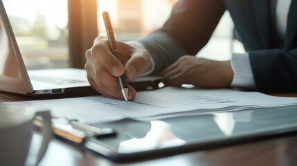 Close-up of a business person working diligently at their desk, signing documents and using a laptop in an office setting.