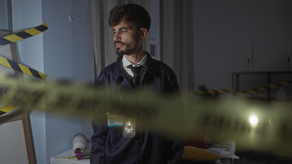 Hispanic detective with badge investigates dimly lit indoor crime scene, analyzing clues.