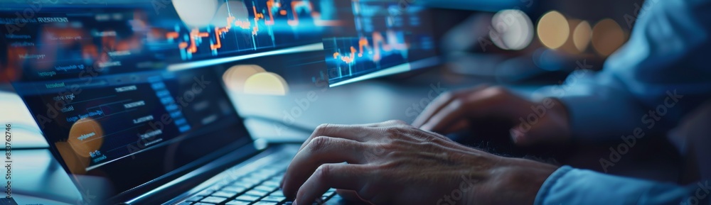Poster an algorithm is used to analyze financial data on a futuristic virtual interface using a laptop, as 