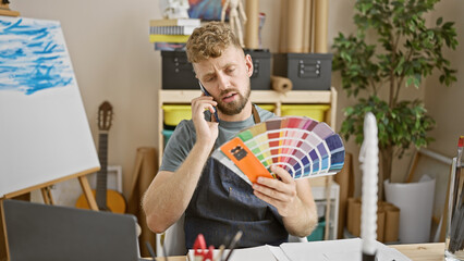 A young man with a beard multitasks in an art studio, talking on a phone while choosing colors from...
