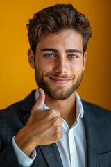 Smiling Businessman in Suit Giving Thumbs Up