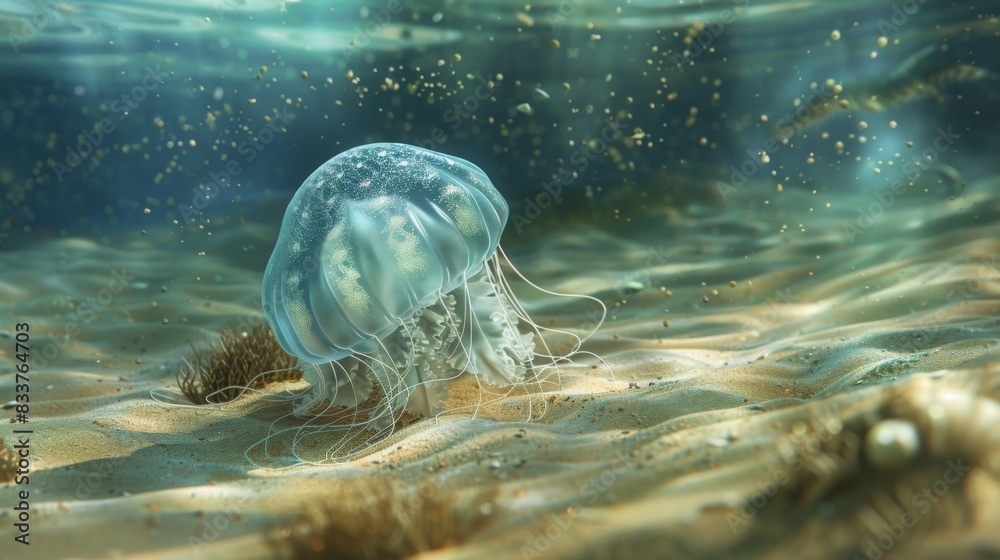 Poster a jellyfish floating near a sandy seabed, with tiny marine creatures moving around it.