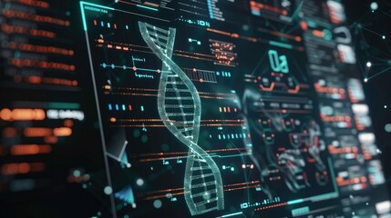 DNA medical screen hologram science hud data analysis body research background futuristic. Screen DNA infographic medical scan health digital 3d technology medicine human tech ui graph interface lab.