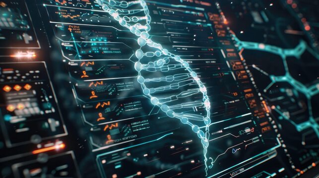 DNA medical screen hologram science hud data analysis body research background futuristic. Screen DNA infographic medical scan health digital 3d technology medicine human tech ui graph interface lab.