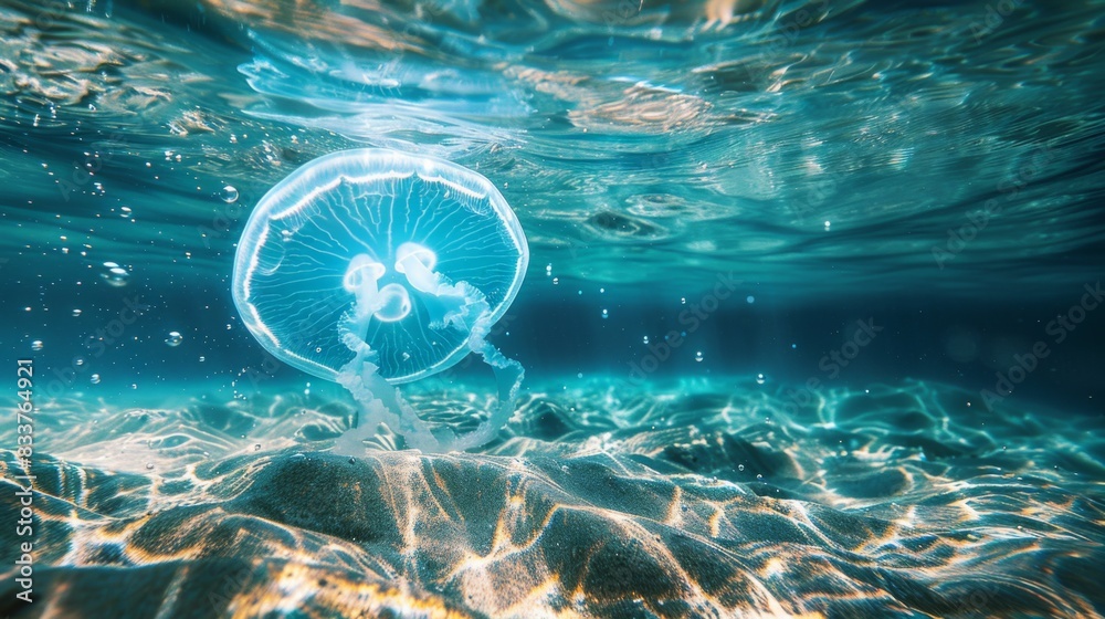 Poster a jellyfish floating near a sandy seabed, with tiny marine creatures moving around it.