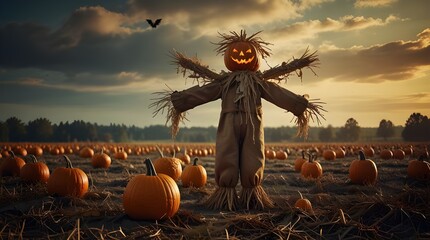 Halloween pumpkin scarecrow in open field. Generative AI