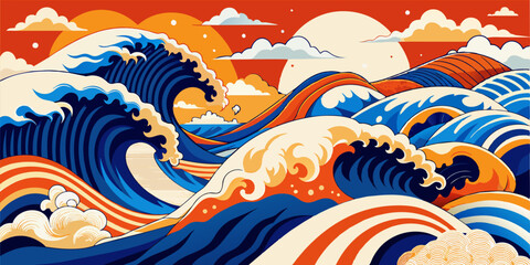 Modern, retro, traditional and classic Japanese Ukiyo-e style design elements in the style of Katsushika Hokusai with orange, blue and white waves and Japanese paper textures 