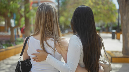 Two women hugging from behind in a sunny urban park with blurred background.