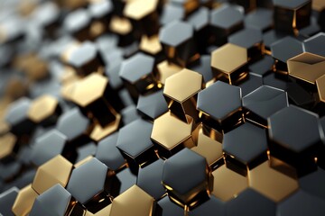 Fototapeta premium Luxurious digital geometric technology hexagon background banner illustration 3d - Glowing gold, brown, gray, and black hexagonal 3d shape texture wall, AI-generated