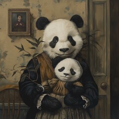 Panda Nanny Embracing Baby Panda in Vintage Room