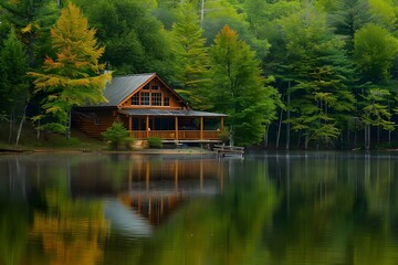 Obraz premium Tranquil Lakeside Cabin Surrounded by Trees