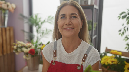 Smiling mature woman with blonde hair wearing a red apron stands amongst vibrant flowers in a cozy...