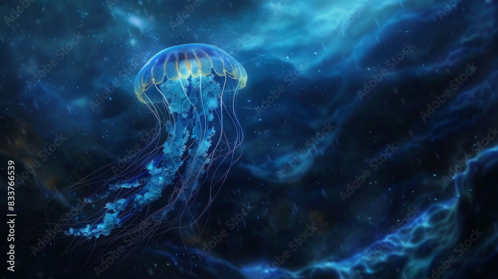 Poster A lone jellyfish drifting in the open ocean, with a vast and mysterious deep-sea backdrop.