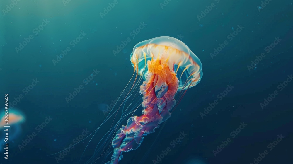 Poster a lone jellyfish drifting in the open ocean, with a vast and mysterious deep-sea backdrop.