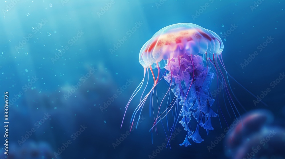 Poster a lone jellyfish drifting in the open ocean, with a vast and mysterious deep-sea backdrop.