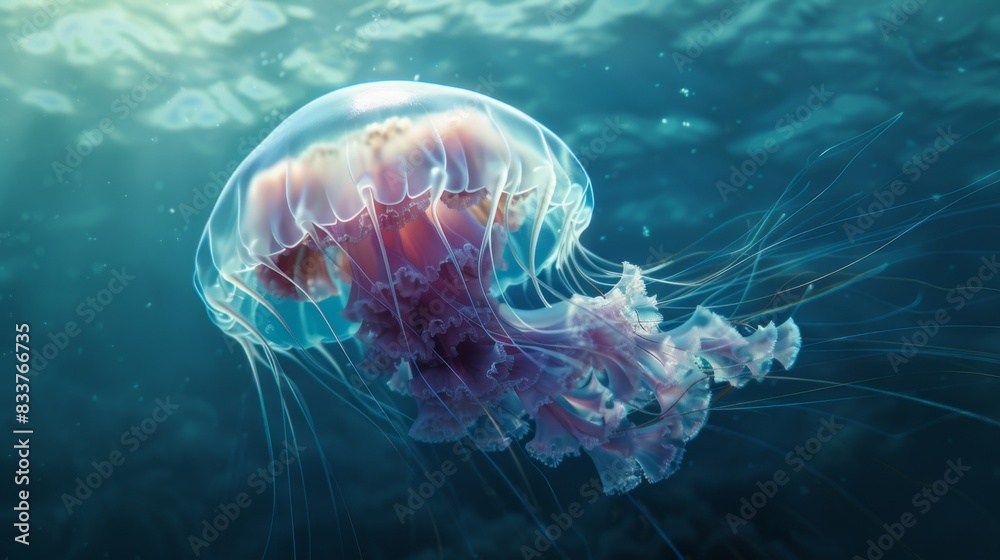 Poster a lone jellyfish drifting in the open ocean, with a vast and mysterious deep-sea backdrop.