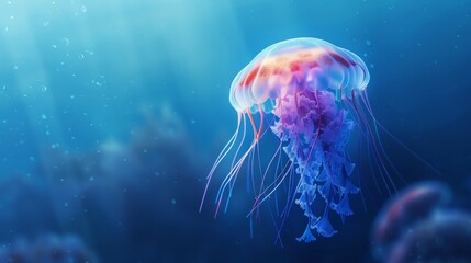 A lone jellyfish drifting in the open ocean, with a vast and mysterious deep-sea backdrop.