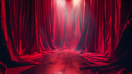 Dramatic red theater curtains with stage lights.