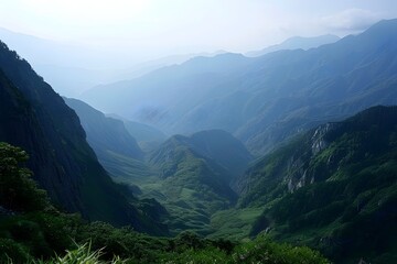 Fototapeta premium Breathtaking Mountain Valley Landscape with Lush Greenery and Rugged Peaks
