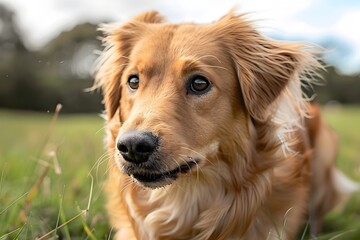 Fototapeta premium Golden Retriever Puppy Playing Fetch in Grassy Field