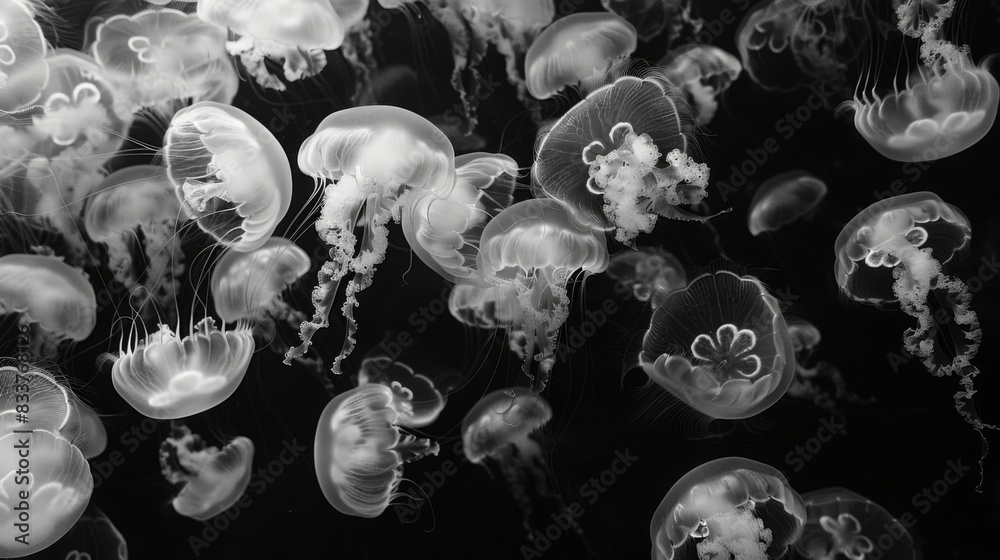 Aufkleber A school of jellyfish moving in unison, their translucent bodies creating a mesmerizing pattern in the water.