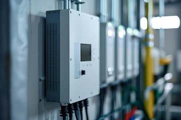 Closeup of innovative solar cell inverter, green energy technology, modern photovoltaic system