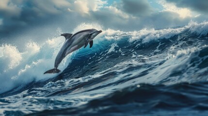 A single dolphin jumping high above the waves, with a dramatic ocean backdrop.