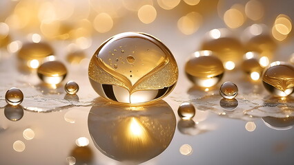 Gleaming golden spheres scattered on a reflective surface