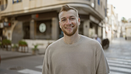 Smiling young man with a beard standing on a city street during daytime