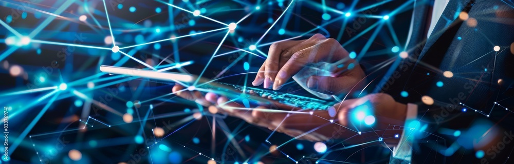 Poster digital technology, business analysis of internet, networking and cybersecurity of data centers with