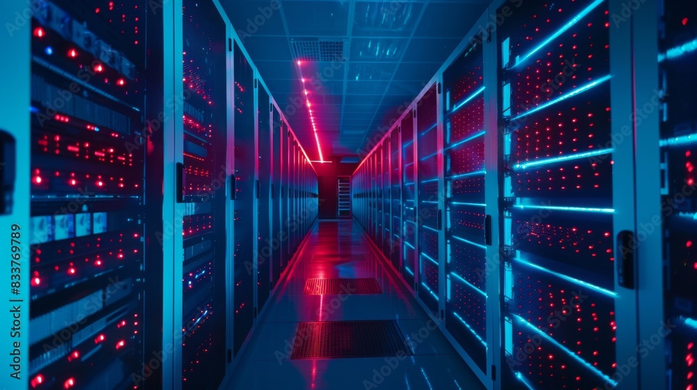 Poster multiple rows of fully operational server racks in a data center. telecommunications, cloud computin
