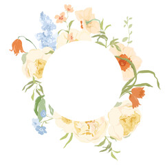 Watercolor abstract flower frame of narcissus, peony and forget-me-not. Hand drawn border of wildflowers isolated on white background. Holiday Illustration for design, print, fabric or background.