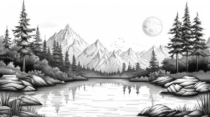 minimalist mountain scene, simplistic black and white line drawing depicting a tranquil mountain scene with pine trees and a lake, minimalist illustration of nature