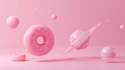 Donuts planet on a pink background. Minimal creative concept. 3d render illustration.