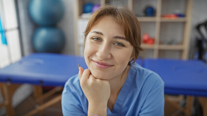 Portrait of a smiling young caucasian woman in a blue scrub, seated in a physiotherapy clinic.