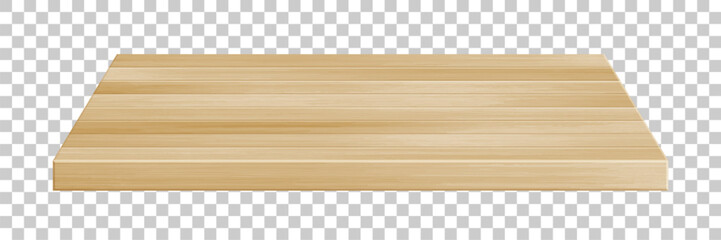 Wooden table surface perspective view. Vector realistic light brown plank tabletop isolated on transparent background. 3d interior design element. Wood board top, timber board for mock up, design.
