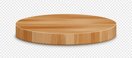 Vector 3d wooden circle podium. Round empty wood pedestal with shadow on transparent background. Natural product display presentation scene template