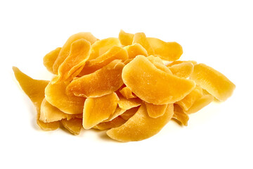 Dried mango pieces, isolated on white background.