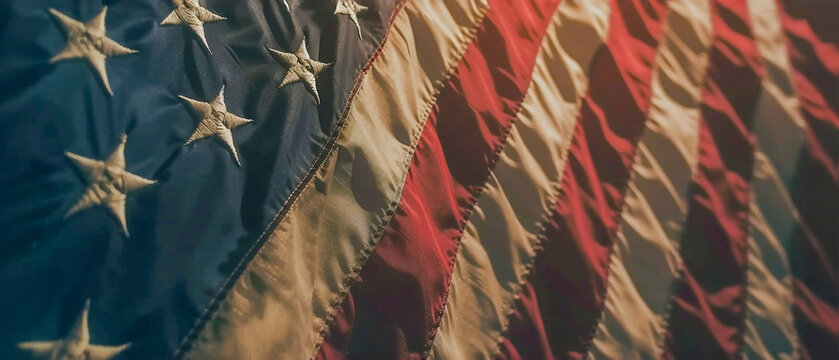 Close up of american flag background, with copy space. The American Flag is waving in the wind. USA National day concept. retro filter