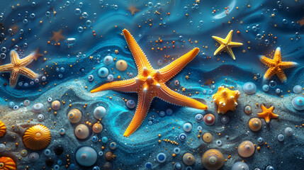 Starry Soiree on the Ocean's Surface A Collection of Starfish Basking in the Sunlit Water
