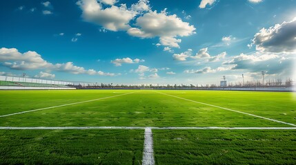Green soccer field under blue sky with white clouds. The field is empty and has white lines marking the center line and the penalty areas.