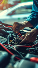 Expert Mechanic at Work: Close-Up of Hands Connecting Jumper Cables to a Car Battery, a Detailed View of Automotive Maintenance and Repair
