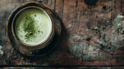 Naklejka premium Rustic Charm of a Top-View Matcha Tea Cup in the Bakery Atmosphere, Capturing the Essence of Traditional Tea Making