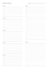A monthly plan template with a simple and minimal style. Note, scheduler, diary, calendar planner document template illustration.
