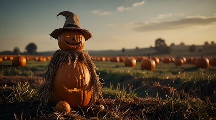 Halloween pumpkin on the grass. Generative AI
