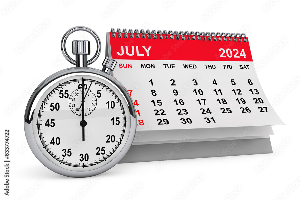 Poster 2024 Year July Calendar with Stopwatch. 3d rendering